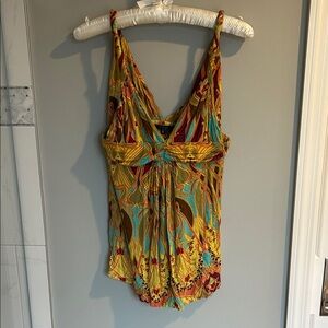 T-Bags Floral Paisley V-Neck Tank Top in Yellow, Teal and Brown